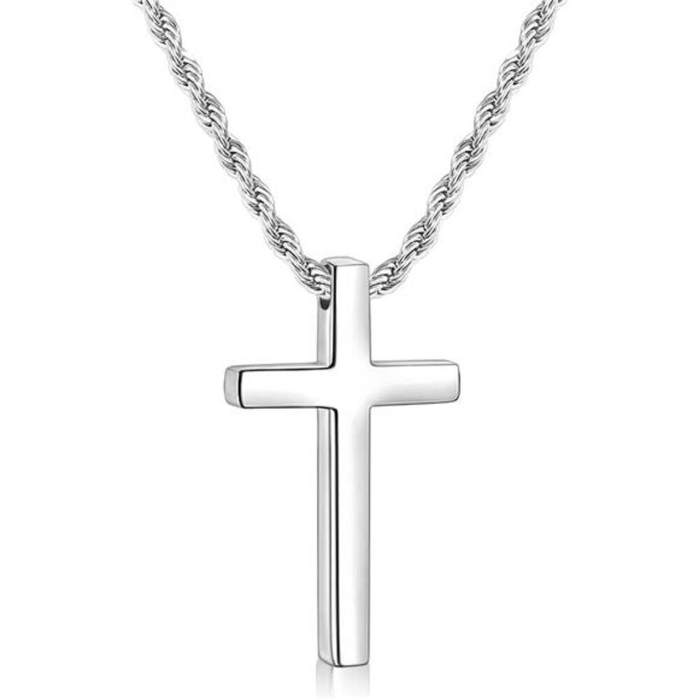 Mens Cross Necklace Stainless Steel Rope Chain